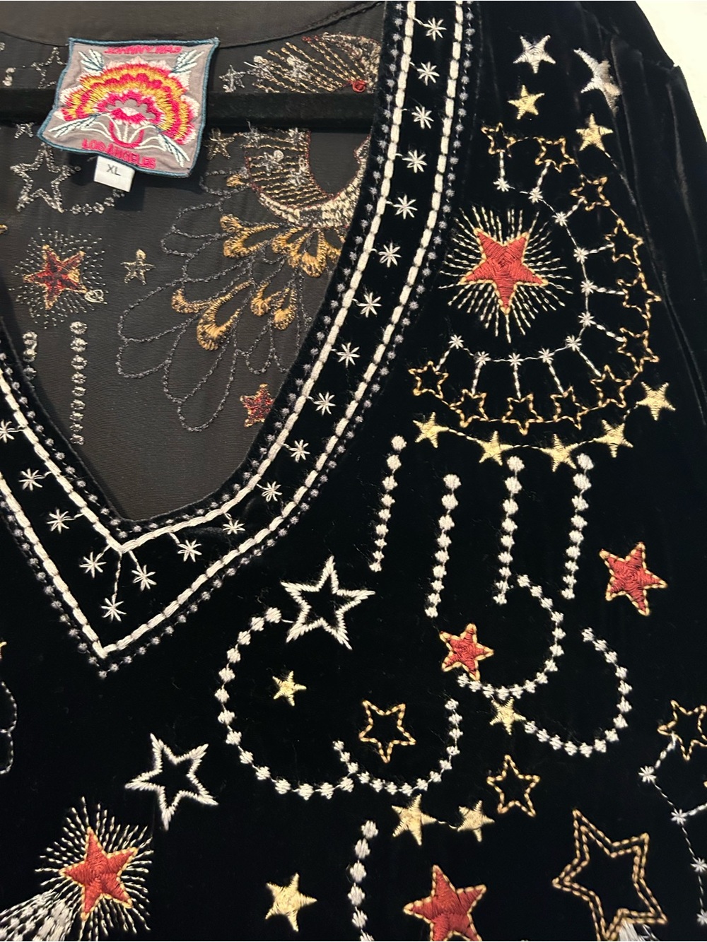 JOHNNY WAS Callisto Velvet Swing Blouse Celestial Embroidered Print XL Black - Picture 11 of 16